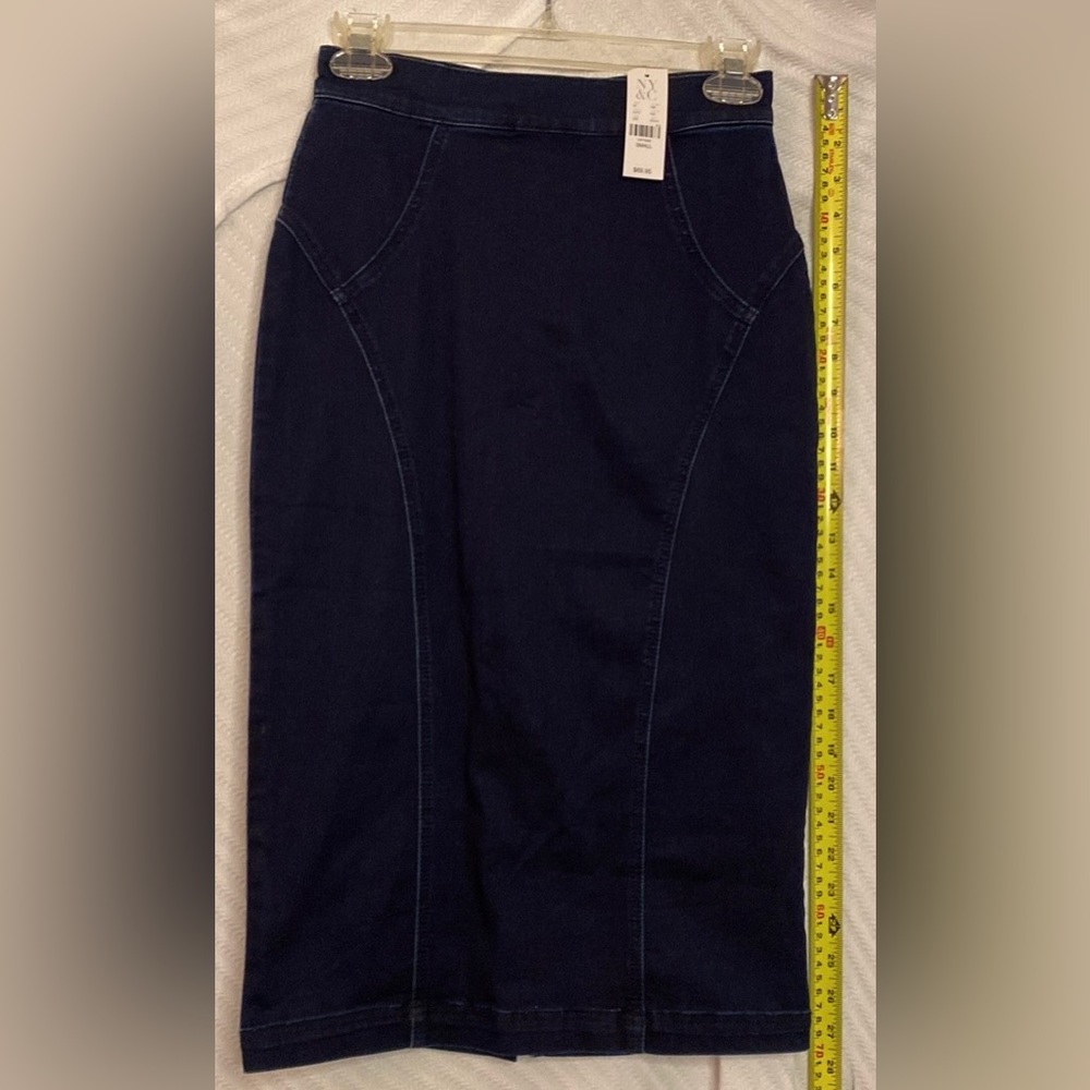 NY&Co Jean Stretch Pencil Skirt match to Jean Ruffle Jacket Gold Zipper Size S